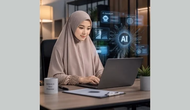 Ilustrasi perempuan berdaya di era AI/ Gambar digenerate menggunakan Canva AI